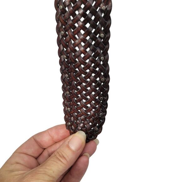 Esprit Womens Belt L Dark Brown Wicker Woven Braided Silver‎ Buckle Studded